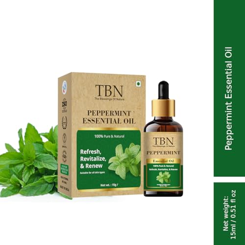 Image of TBN 100% Pure and Natural Peppermint Essential Oil For Skin & Hair, Steaming, Diffuser & Aromatherapy - Soothing Relief | Peppermint Aroma Oil for Home Fragrance | Helps in meditation - 15ML