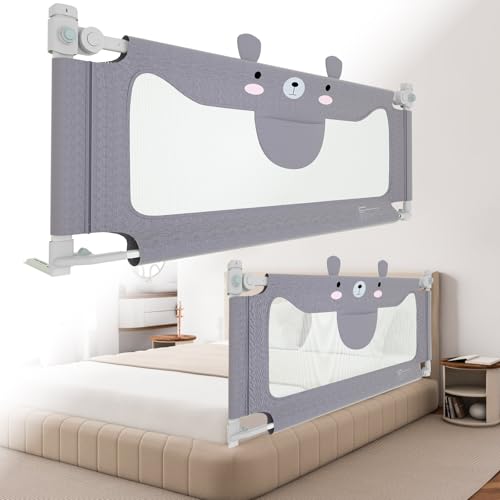 Kuro-sagol Bettgitter Kinder 200cm mit Bärenmotiv, Höhenverstellbarer Rausfallschutz Bett, Bettschutzgitter für Kinderbett & Elternbett mit Praktischer Aufbewahrungstasche, Grau