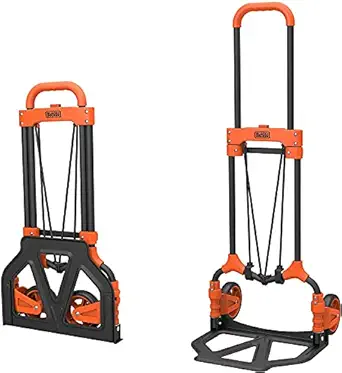 Black+Decker H200 Folding Hand Truck with 65 kg Capacity, Steel Portable Durable Dolly Trolley Cart with TRP Hand Grip, Telescopic Handle and Bungee Cord, Black and Orange Colour,(40 x 41 x 102 cm)