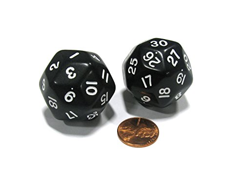 Koplow Games Set of 2 Triantakohedron D30 30 Sided 33mm Jumbo Dice - Black w White Numbers