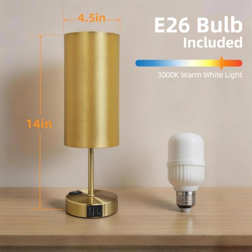 Image of Bedside Table Lamp, Dimmable Touch, AC Outlet, USB A+C (Gold) | 3-Way Dimmable, Small Touch Lamp with Eye-Care LED Bulb, Ideal Soft Lighting for Nightstand, Bedroom, Reading, Living Room