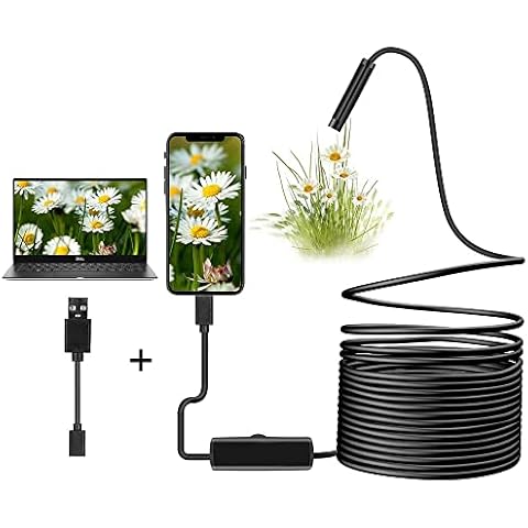 7mm USB Endoscope Inspection Camera 2 MP CMOS Snake Camera Borescope 2 in 1 Flexible HD Waterproof Tube Sink Drain Pipe Camera with 6 Led Light for PC/Laptop/Computer/OTG UVC Android Phone-16.4ft/5M Cover
