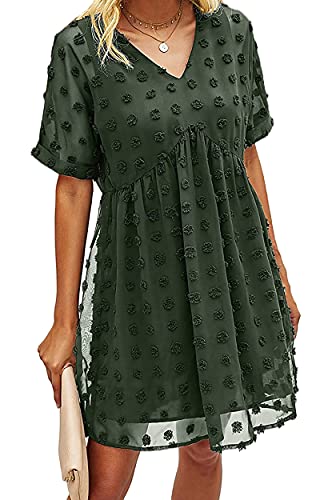 Faculol Women s Summer Mini Dress Casual Short Sleeve V Neck Swiss Dot Dress Flowy A Line Dresses Green Medium