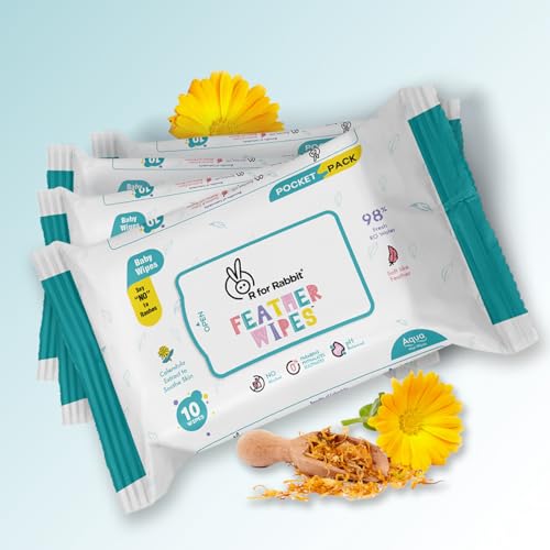 Image of R for Rabbit Feather 40 Baby Wet Wipes for new born Combo Pack of 4