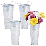 4 Pack 10 Inch Galvanized Flower Buckets with Handles, Metal Floral Vases for Planter, Fresh Flowers, Table Centerpiece, Floral Wedding Arrangements