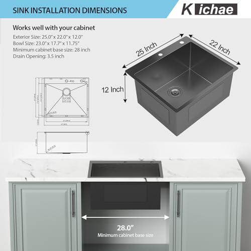 Image of Kichae 25 Inch Black Laundry Sink - 25x22 Kitchen Sink Drop In Utility Sink 12 inch Deep Sink Topmount Single Bowl Stainless Steel RV Laundry Sinks Handmade with Accessories