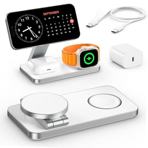 EXW 3 in 1 Wireless Charging Station for Apple Foldable Wireless Charger Stand for MagSafe Fast Charger for iPhone 17-12 Travel Magnetic Charger for Apple Watch and AirPods (White)(20W Adapter)