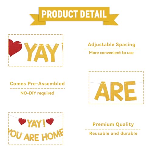Image of Yay! You're Home! Banner - Welcome Back to Home Sign, Family Reunion Party Bunting Sign, Welcome Home Party Decorations Gold Glitter