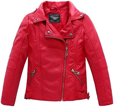 LOKTARC Boys Girls Spring Moto Faux Leather Jackets with Oblique Zipper Red 8-9 Years/Size 130