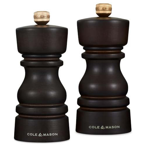 Cole & Mason London Chocolate Wood Salt and Pepper Mill Set, 130mm, Precision+ Carbon/Ceramic Mechanisms, Salt and Pepper Grinders with Adjustable Grind, Beech Wood, Gift Set