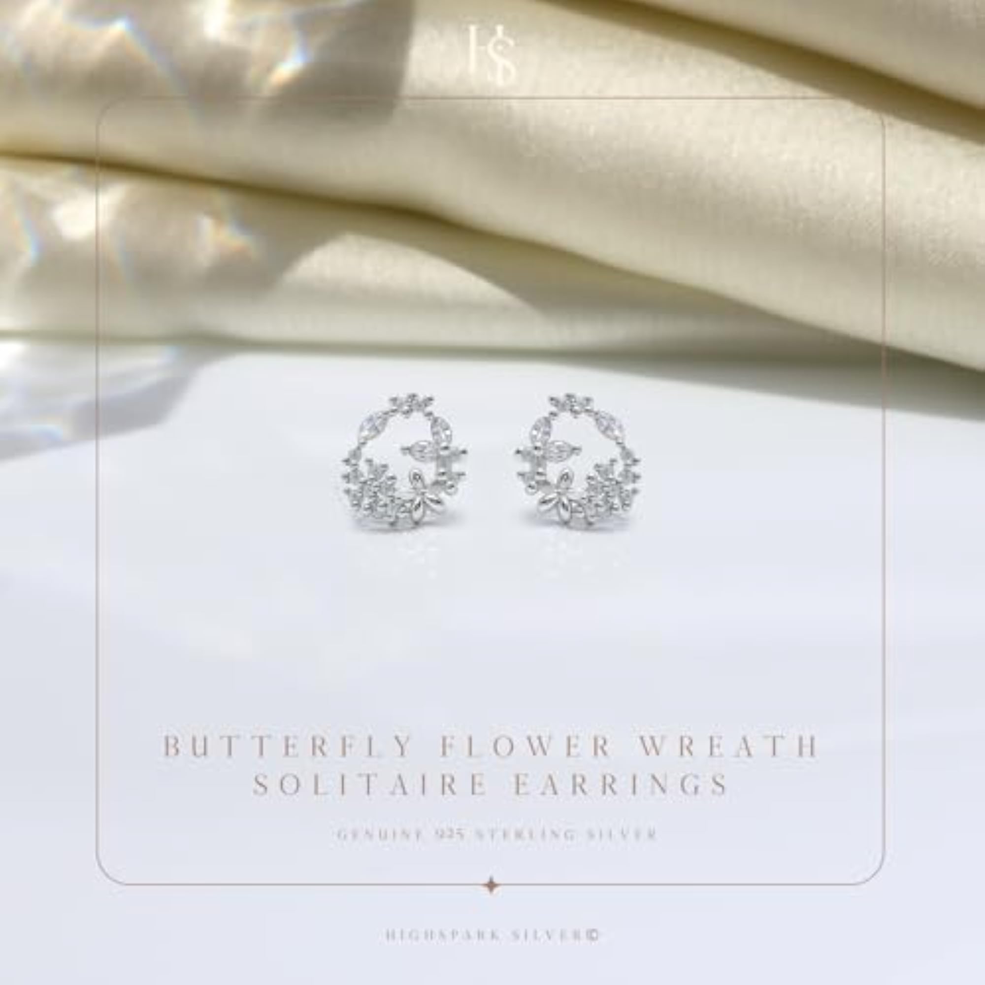 925 Silver Butterfly Flower Wreath Solitaire Earrings, Lovely Gift