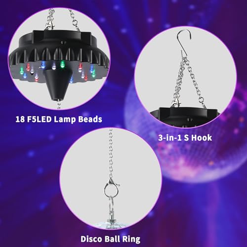 Bola espejada rosa de 8 pulgadas y motor para bola espejada con control remoto, rotador de bola espejada giratoria recargable con batería y velocidad ajustable – 18 luces LED RGBW integradas miniatura 7
