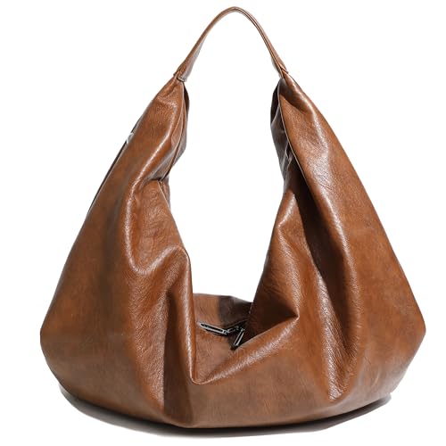 RAVESSIA Women's Large Soft Vegan Leather Slouchy Crescent Hobo Tote Shoulder Bag (Brown)