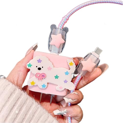 Cute Cable Protector for iPhone Charger Cover,Kawaii 3D Dog Design with Pink Star Decoration for iPad Charger Cover,DIY Charging Cord Protector Soft Data Line Cable USB Wire Saver Charger Protector