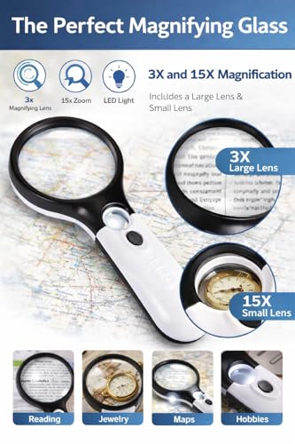 Image of LABART Magnifying Glass with 3 Led Light 3X & 45X Big Size Zoom Lenses for Seniors, Book and Newspaper Reading, Eyelash Extensions Magnifier Glass (Black and White) with 1 Year Warranty