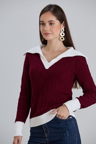 Image of Sweaters for Women Fashion Long Sleeve Lapel Collar V Neck Casual Knit Color Block Pullover Sweater
