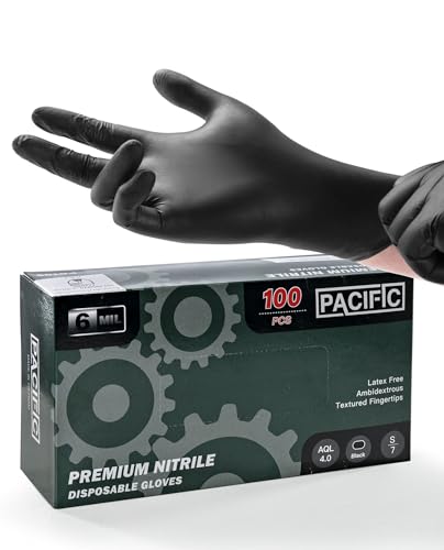 PACIFIC Noir Gants Jetables in Nitril, 100 pièces/boîte, Texture Diamantée, Pour Industrie Lourde, Mécanique, Cuisine & Médical, Sans Latex & Sans Poudre, EN 374, S/7