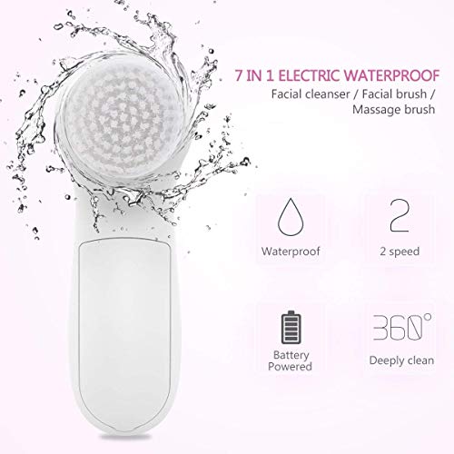 Face Brush, PIXNOR P2017 New 7in1 Facial Cleansing Brushes Waterproof and Electric for Deep Cleansing, Gentle Exfoliating, Removing Blackhead and Massaging (Rosy Red)