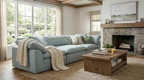 Sunset Trading Contemporary Puff Collection 3 Piece 132" Wide Slipcovered Modular Sectional Sofa | Deep-Seating Down-Filled Couch | Stain-Proof Water-Resistant Washable Performance Fabric | Ocean Blue