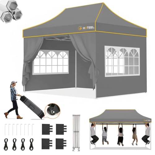 Image of Hoteel Gazebo, 3 x 4.5 cm, Waterproof, Stable, Winterproof, Reinforced Folding Gazebo with Hexagonal Tube Frame, Anti-UV Party Tent, Foldable Garden Gazebo for Markets, Carry Bag with Wheels, 4 Sand