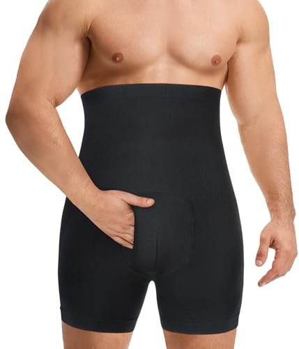 TAILONG Mens Compression Shorts for Tummy Control - Seamless High Waist Body Shaper for Men Plus Size Slimming Underwear with Functional Fly Breathable Shapewear for Suits & Daily Wear Black