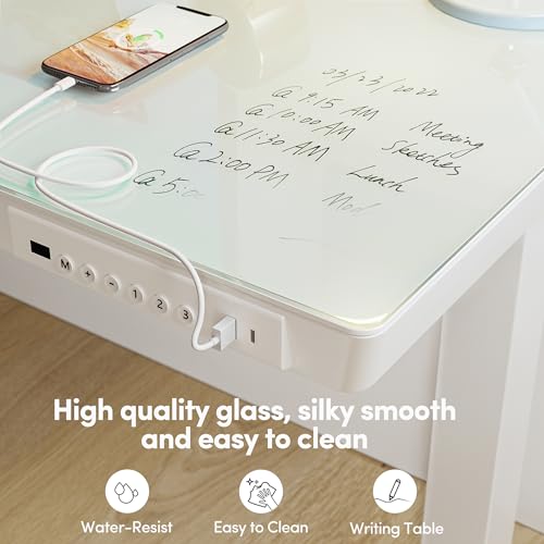 FEZIBO Elektrisch sta-bureau met glasplaat, in hoogte verstelbaar, 120 x 60 cm, homeoffice-tafel, met USB-A- tot C-oplaadpoort, wit frame/wit tafelblad - Afbeelding 5