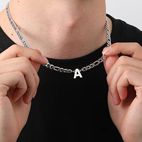 Initial A-Z Figaro Chain Necklace for Men Women Letter Pendant Stainless Steel 6.5mm 18+2 Inches Jewelry Gift for Him Boyfriend Husband2
