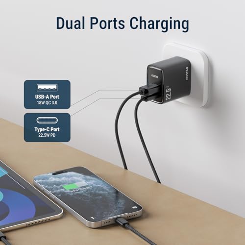 Image of COSTAR Original 22.5W Dual Port Charger(USB & Type C) with Type C to C Cable, Fast Charger,Compatible with Samsung Galaxy(Ultra /+ /Fe, S /Z /A /M /F All Series), iPhone & Type-C Devices(Black)