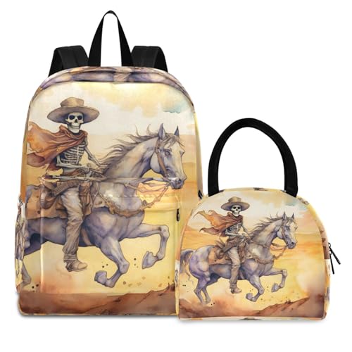 Backpack Lunch Box Set Large Capacity Travel Backpacks and Insulated Lunch Bag for Commute Hiking Picnic Watercolor Skeleton Cowboy Print