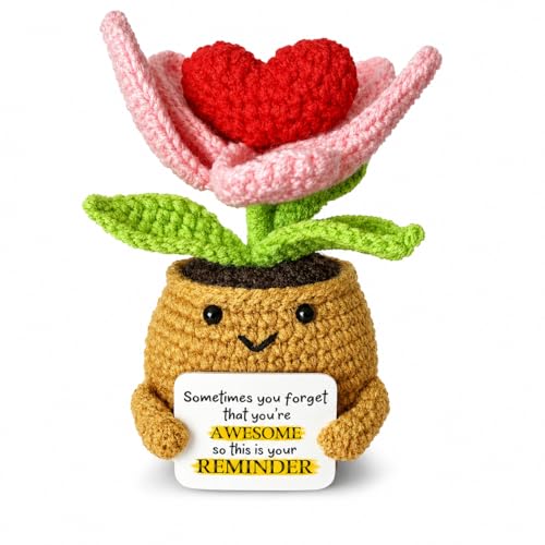 Sportyzen Handmade Crochet Flower Pot Gift Inspirational Decor with You're Awesome Cute Knitted Flower Plush for Mom, Friends, Women Thoughtful Birthday or Appreciation Gift