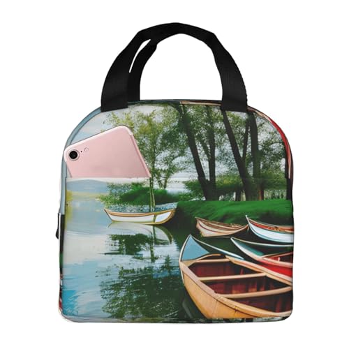 Pyjwyfmy Bolsa de almuerzo aislada con estampado de lago con barcos, canoas y parque, lonchera ligera con papel de aluminio grueso para unisex