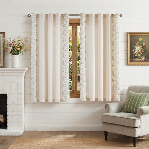 Image of jinchan Green Floral Linen Kitchen Tier Curtains 50x54 Inch 2 Panels