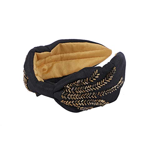 Apt 1pc Black Wiggle Turban Style Top Knot Headband wide embellished embroidered headbands Knotted Hairband for girls and women easy on ears , luxury elegant headbands for ladies