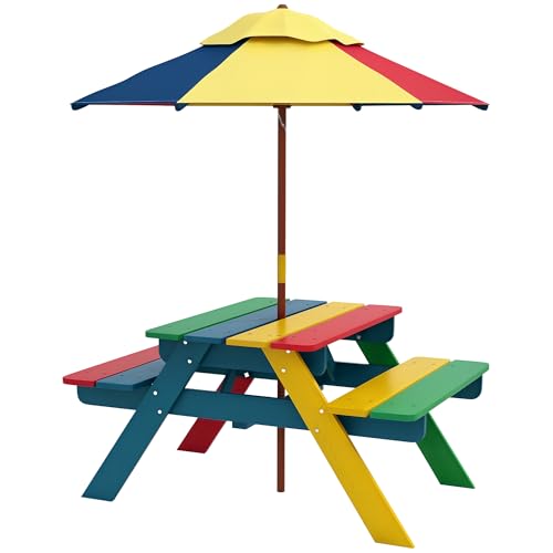 Outsunny Kids Picnic Table Set with Parasol, Wooden Outdoor Bench...