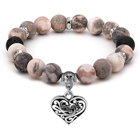 Emibele Healing Bracelets for Women, Beaded Bracelet Handmade Crystal Yoga Chakra Bracelet Stretch Rose Quartz Zebra Stone Good Luck Healthy Lava Rock Bracelet for Essential Oils Anxiety Stress Relief Cover