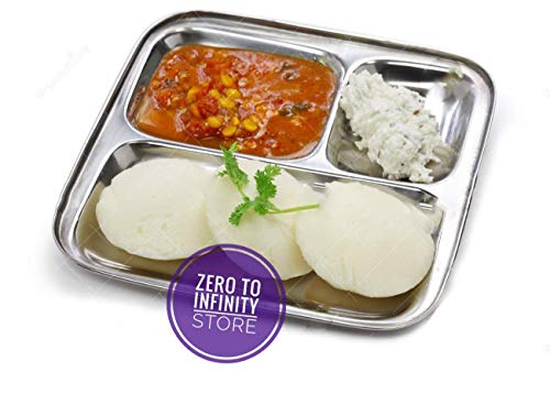 Image of Zero to Infinity Heavy Duty Stainless Steel Square Dinner Plate with 3 Sections Divided Mess Trays for Kids Lunch, Camping, Events & Every Day Use Kitchenware Size 9 inchinch