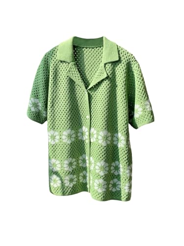 Women's Floral Crochet Sweater Cardigan Hollow Out Button Down Short Sleeve Collared Sweaters