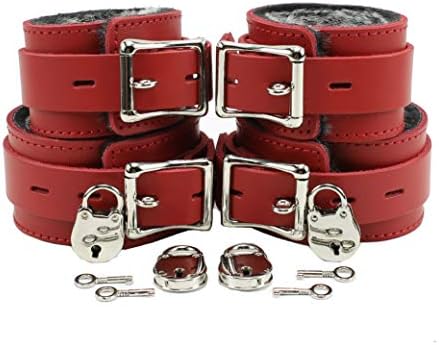 Austin Combo Wrist and Ankle Cuffs Lambskin Faux Chinchilla Fur Leather Combo (Red)
