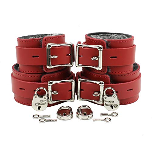 Austin Combo Wrist And Ankle Cuffs Lambskin Faux Chinchilla Fur Leather Combo (Red) #TOP7