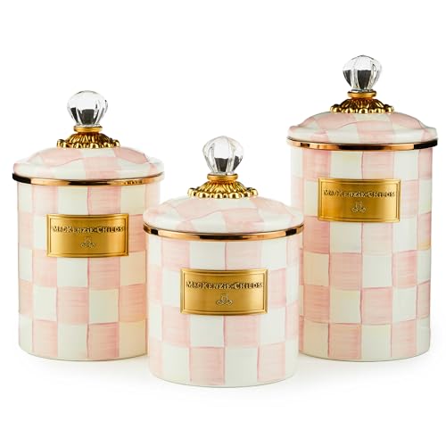 MACKENZIE-CHILDS Enamel Canister Set, Small (38 oz.), Medium (48 oz.), and Large (64 oz.) Kitchen Containers, Pink-and-White Rosy Check