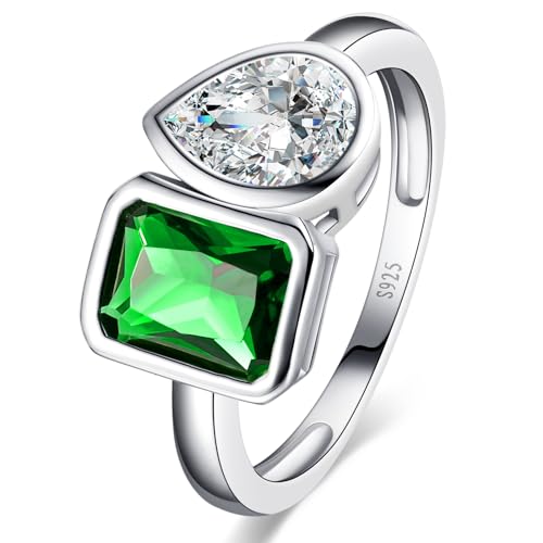 Toi Et Moi Ring 925 Sterling Silver Emerald/Aquamarine Engagement Ring For Women 6x8mm Double Stone Ring Emerald Shape & Pear Cut Cubic Zirconia Wedding Ring Width Band 1.9mm Size 5-9