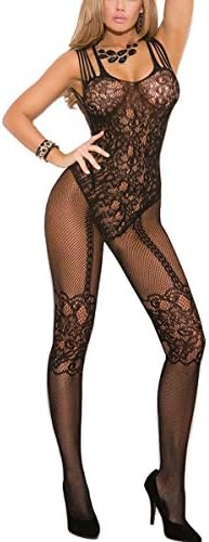 Buitifo Womens Fishnet Bodystocking Plus Size Crotchless Bodysuit Sexy Tights Soft Nightwear Lingerie (Black T06B,M)