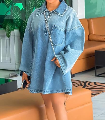 cffvdiz Women's Vintage Distressed Loose Denim Dresses Summer Long Sleeve Pullover Short Jean Dress3