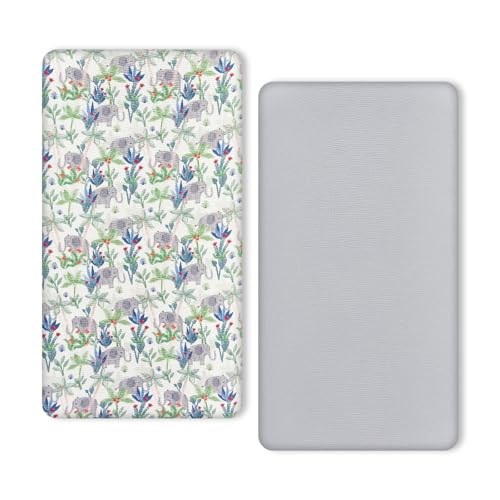 Image of TILLYOU Muslin Crib Sheets for Boys and Girls 2 Pack, Neutral Soft Cotton Baby Crib Mattress Protector, for 52x 28 Toddler Bed, Rainforest Elephant & Grey