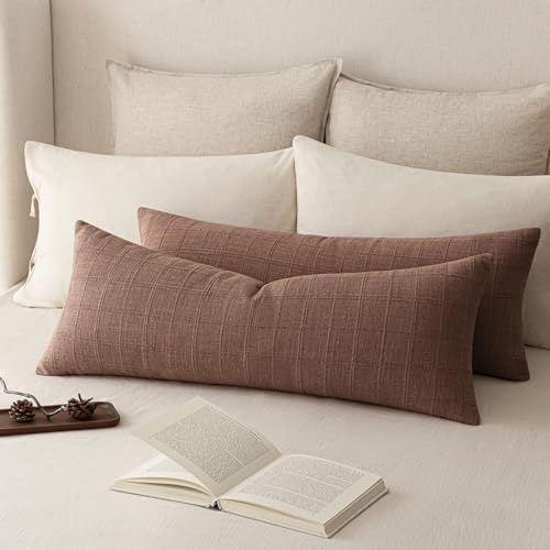 Image of Foindtower Set of 2 Decorative Linen Check Throw Pillow Covers Neutral Farmhouse Vintage Cushion Covers Cozy Modern Boho Home Decor for Sofa Chair Couch Bedroom Living Room,14x36 Inch,Autumnal Red