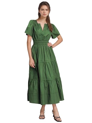 Image of ShallWe Women's Basic Plain Summer Dress Casual Long Maxi Short Sleeve Layered Cotton V Neck A Line Fashion Travel