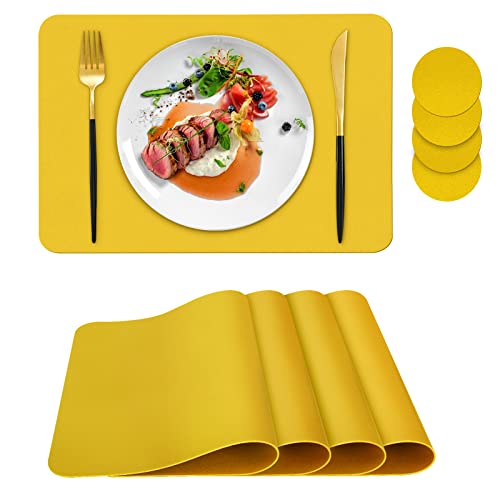 Placemats Set of 4, Placemat with Coasters Heat Stain Scratch Resistant Non-Slip Waterproof Oil-Proof Washable Wipeable Outdoor Indoor for Dining Patio Table Kitchen Decor and Kids,(Yellow 4)