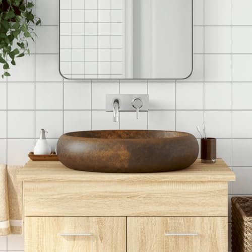 Vasque à Poser with Céramique, Design Ovale, Surface Résistante aux Chocs, Lavabo Salle de Bain, Meuble Vasque Salle de Bain, Pour Salle de Bain, Marron, 59 x 40 x 15 cm