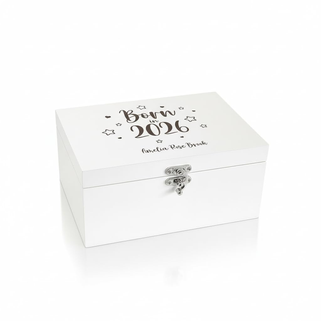 Personalised "Born In 2026" White Wooden Baby Box | Engraved Stars New Baby Memory Box | Custom Name & Birth Details Keepsake Box | Christening & Baptism Gift | 27 x 19 x 14cm
