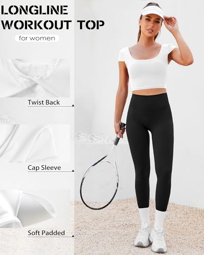 Image of DaiLiWei Open Back Workout Tops for Women Short Sleeve Longline Sports Bras Support Crop Tank Yoga Shirts with Built in Bra